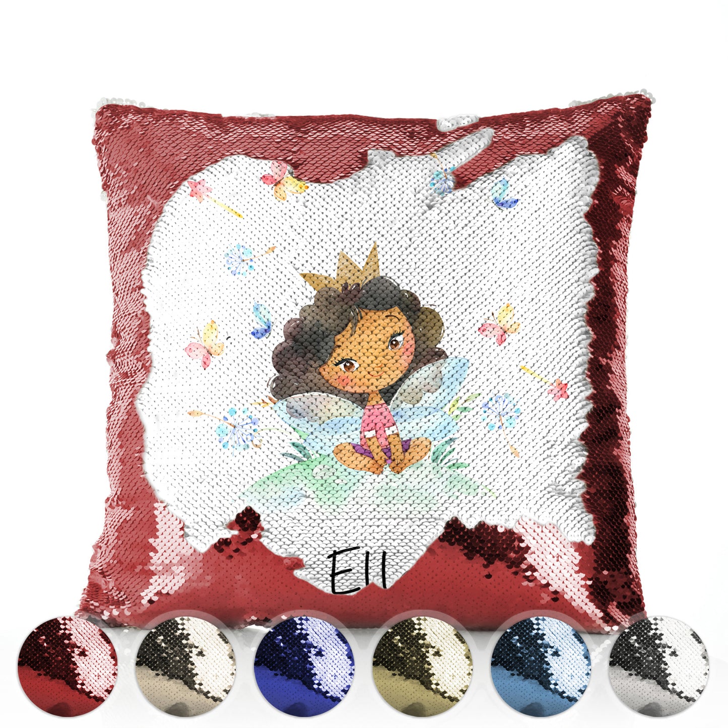 Personalised Sequin Cushion with Cute Text and Butterfly Hill Queen Crown Fairy
