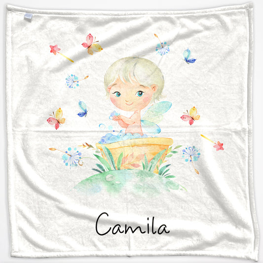 Personalised Baby Blanket with Dreamy Text and Butterfly Bath White Hair Fairy