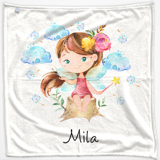 Personalised Baby Blanket with Dreamy Text and Tree Stump Gold Wand Fairy