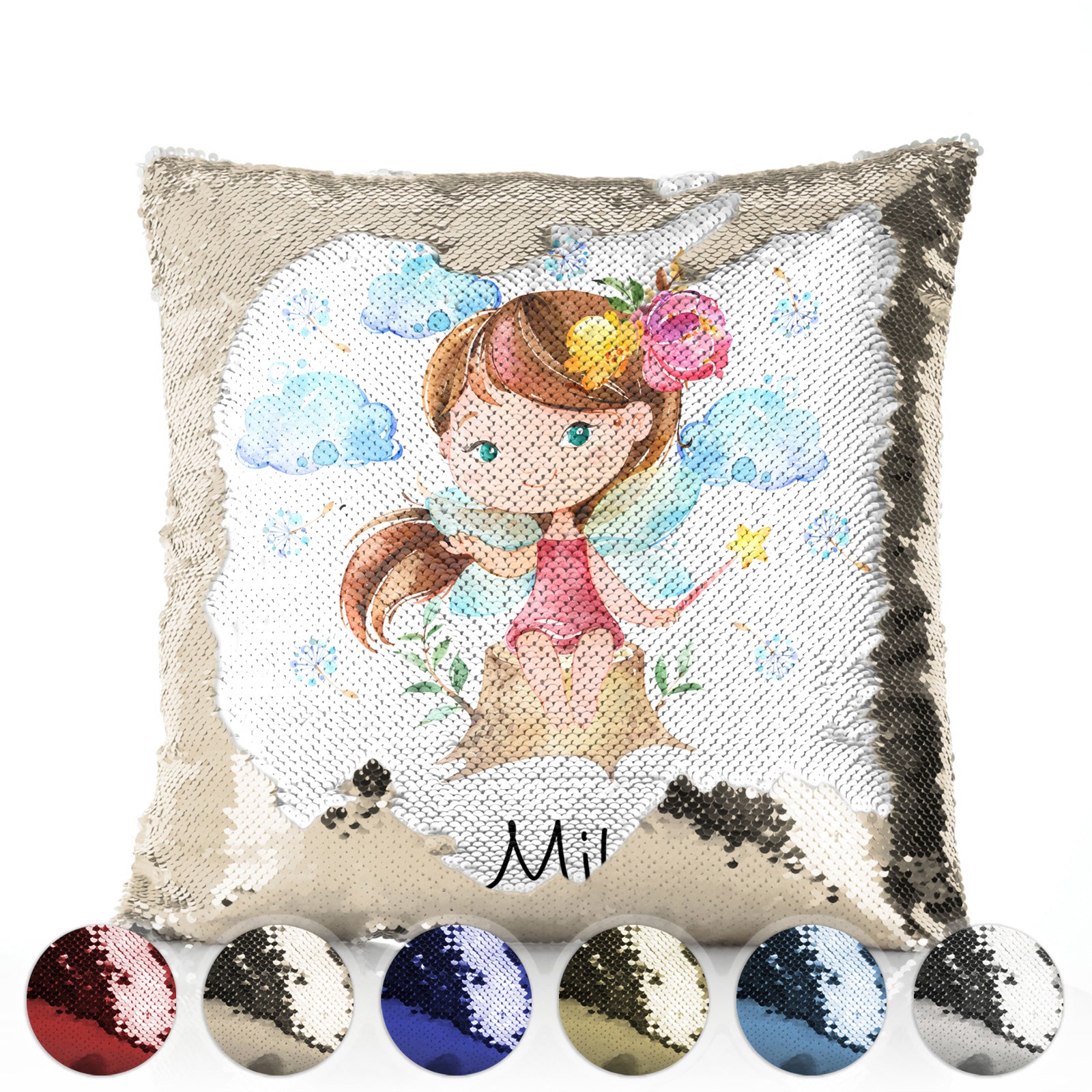 Personalised Sequin Cushion with Cute Text and Tree Stump Gold Wand Fairy