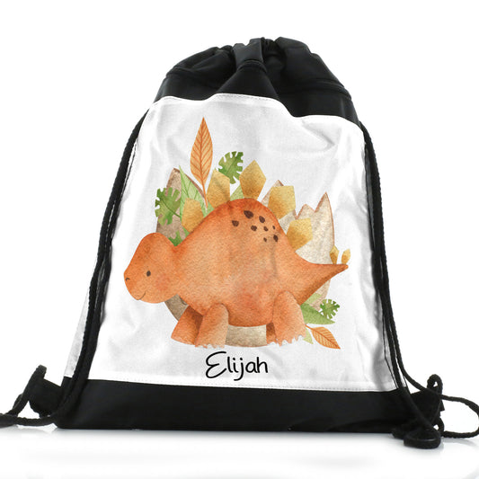 Personalised Drawstring Backpack with Name and Orange Stegosaurus