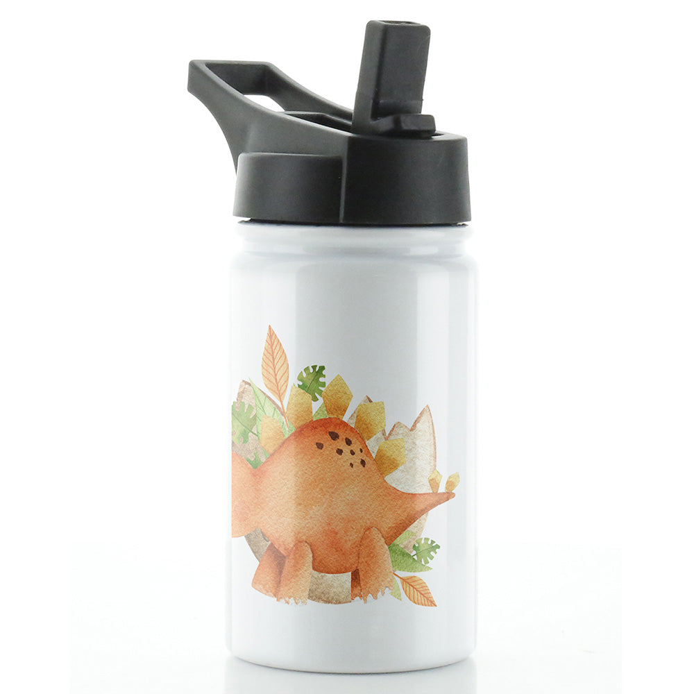 Personalisierte orangefarbene Stegosaurus- und Name-weiße Sportflasche