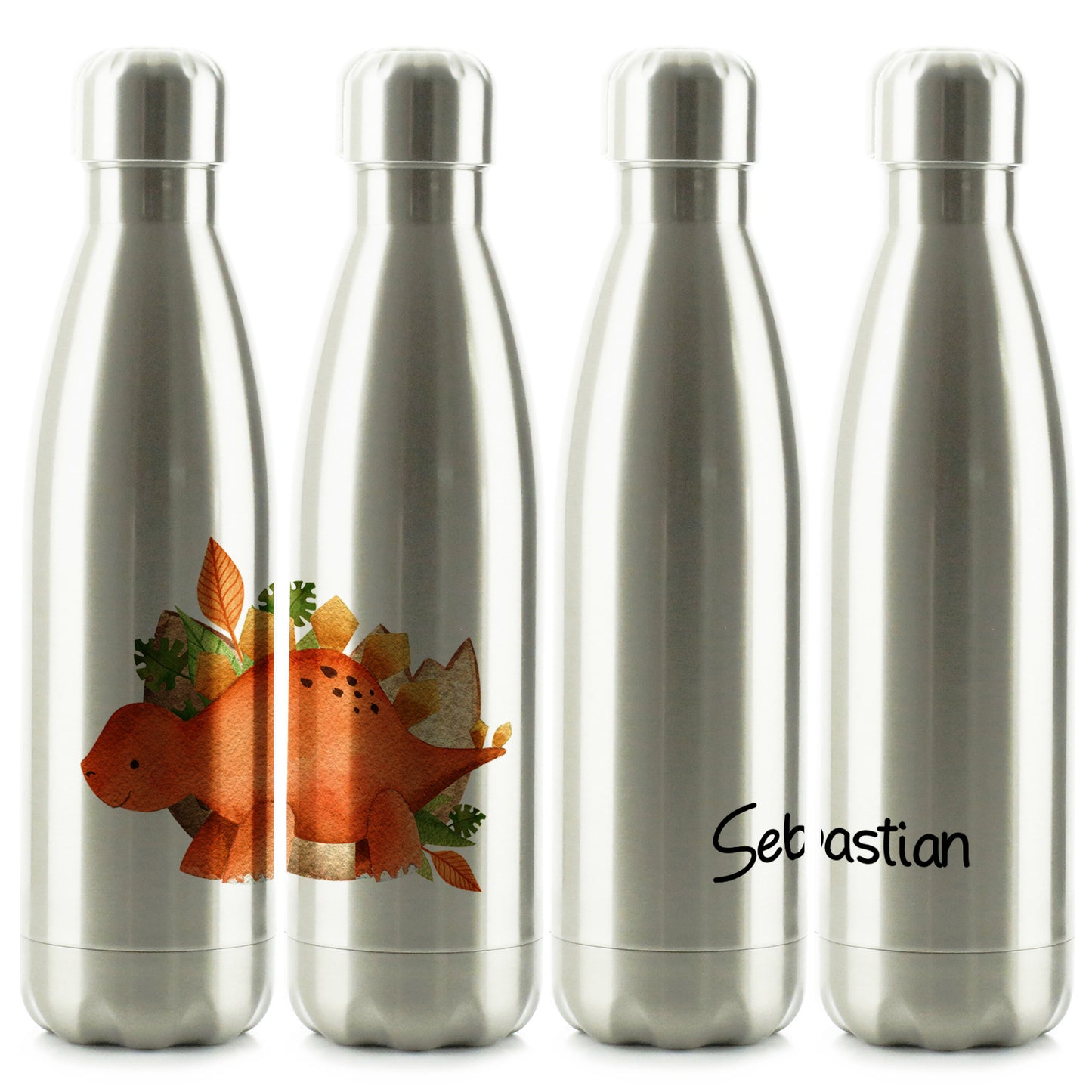 Personalisierte Cola-Flasche mit Namen und orangefarbenem Triceratops
