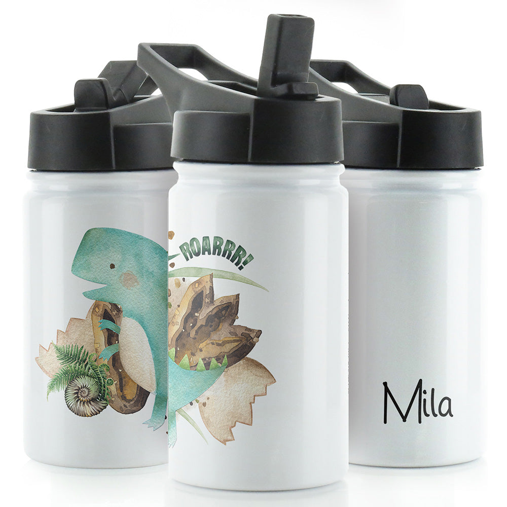 Personalised Blue T-Rex and Name White Sports Flask