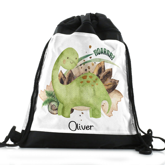 Personalised Drawstring Backpack with Name and Green Diplodocus