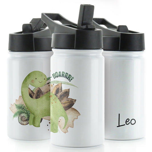 Personalised Green Diplodocus and Name White Sports Flask