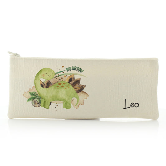 Personalised Canvas Zip Bag with Name and Green Diplodocus