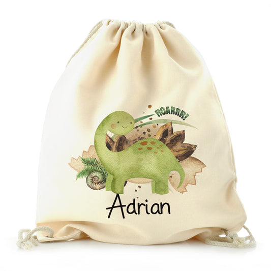 Personalised Canvas Drawstring Backpack with Name and Green Diplodocus
