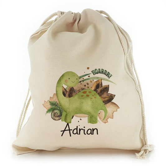 Personalised Canvas Sack with Name and Green Diplodocus