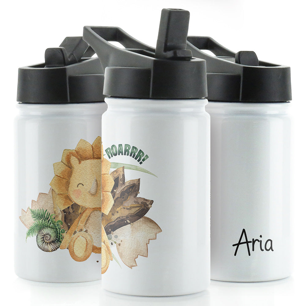 Personalised Orange Triceratops and Name White Sports Flask