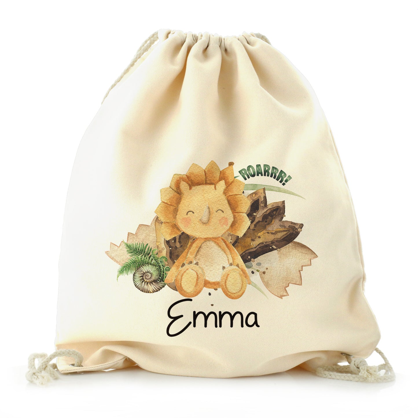 Personalised Canvas Drawstring Backpack with Name and Orange Triceratops