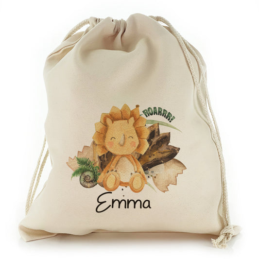 Personalised Canvas Sack with Name and Orange Triceratops