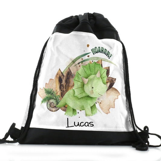 Personalised Drawstring Backpack with Name and Green Triceratops