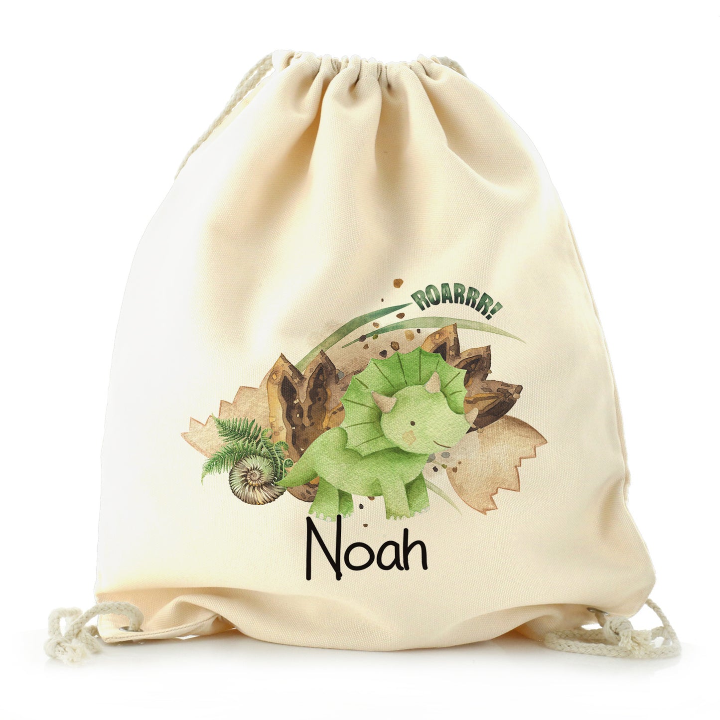 Personalised Canvas Drawstring Backpack with Name and Green Triceratops