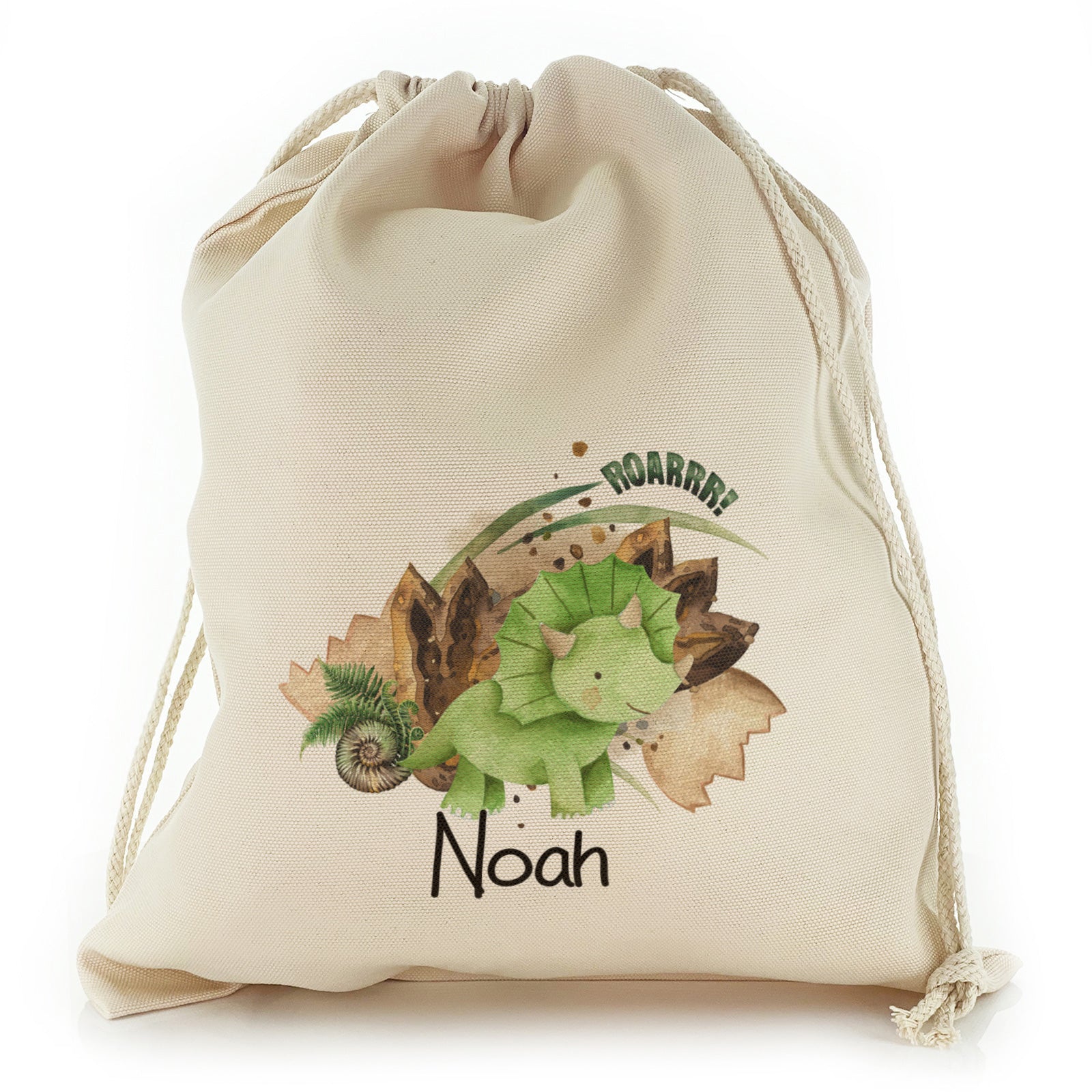 Personalised Canvas Sack with Name and Green Triceratops