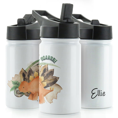 Personalised Shell Stegosaurus and Name White Sports Flask