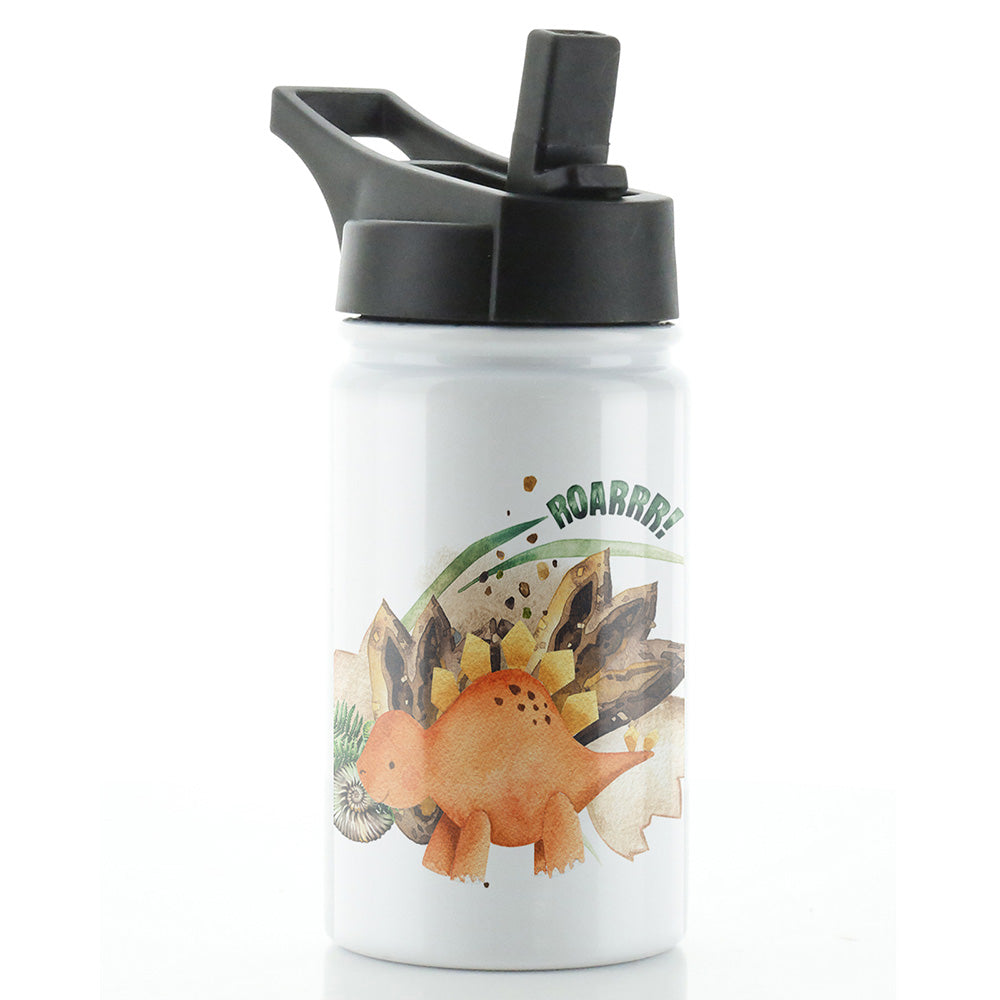 Personalised Shell Stegosaurus and Name White Sports Flask