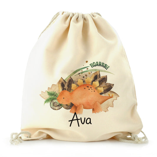Personalised Canvas Drawstring Backpack with Name and Shell Stegosaurus