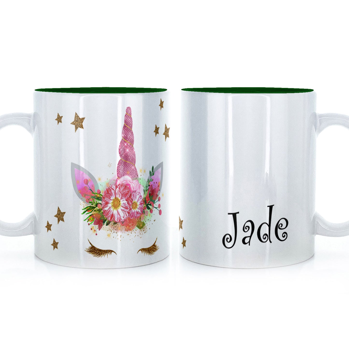 Personalised Mug with Mystical Text and Gold Eyelashes Pink Floral Unicorn