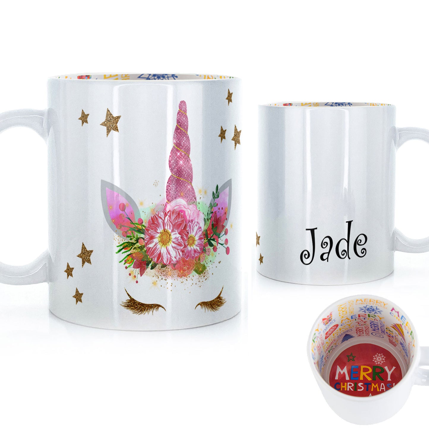 Personalisierte Tasse mit mystischem Text und goldenen Wimpern, rosa Blumen-Einhorn