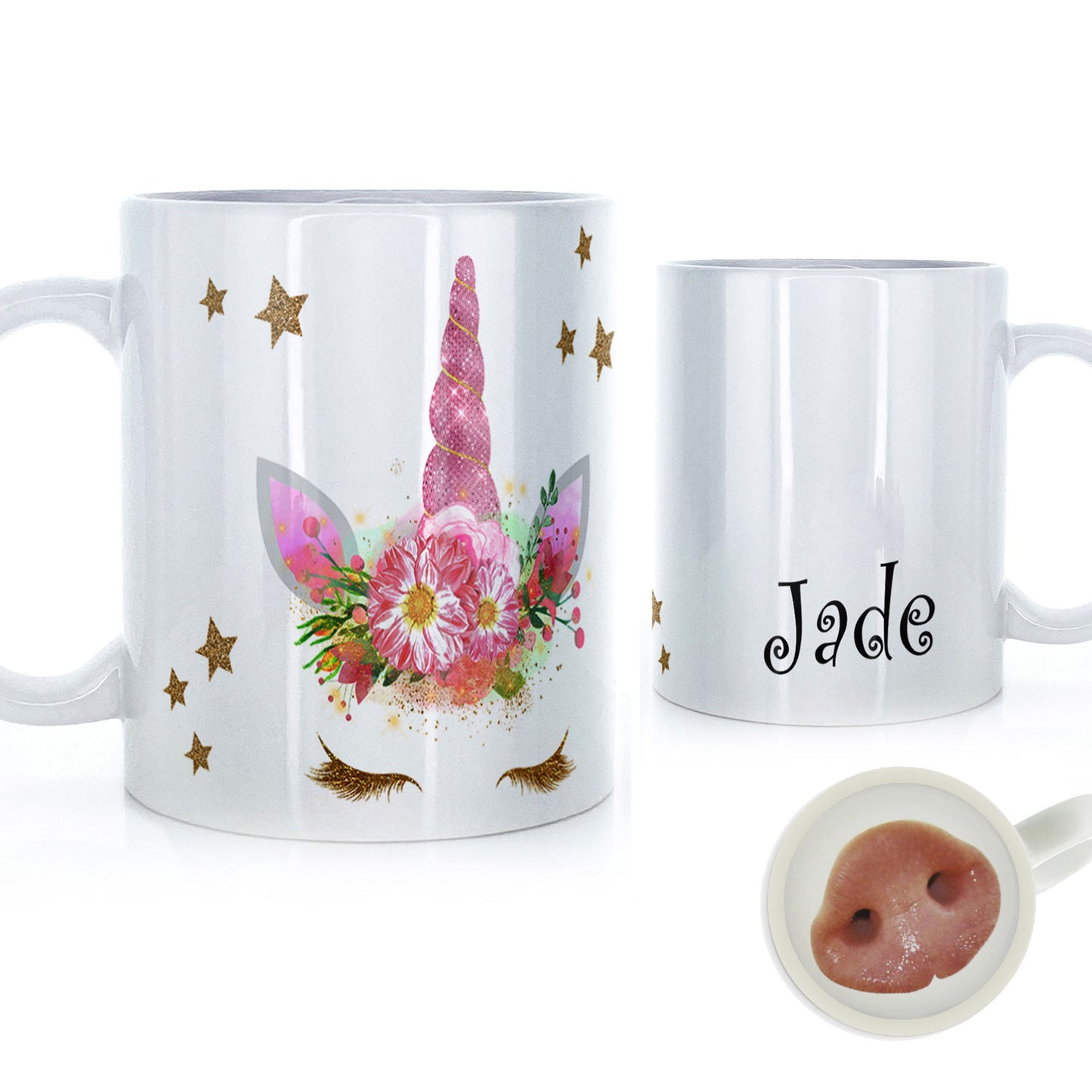 Personalisierte Tasse mit mystischem Text und goldenen Wimpern, rosa Blumen-Einhorn