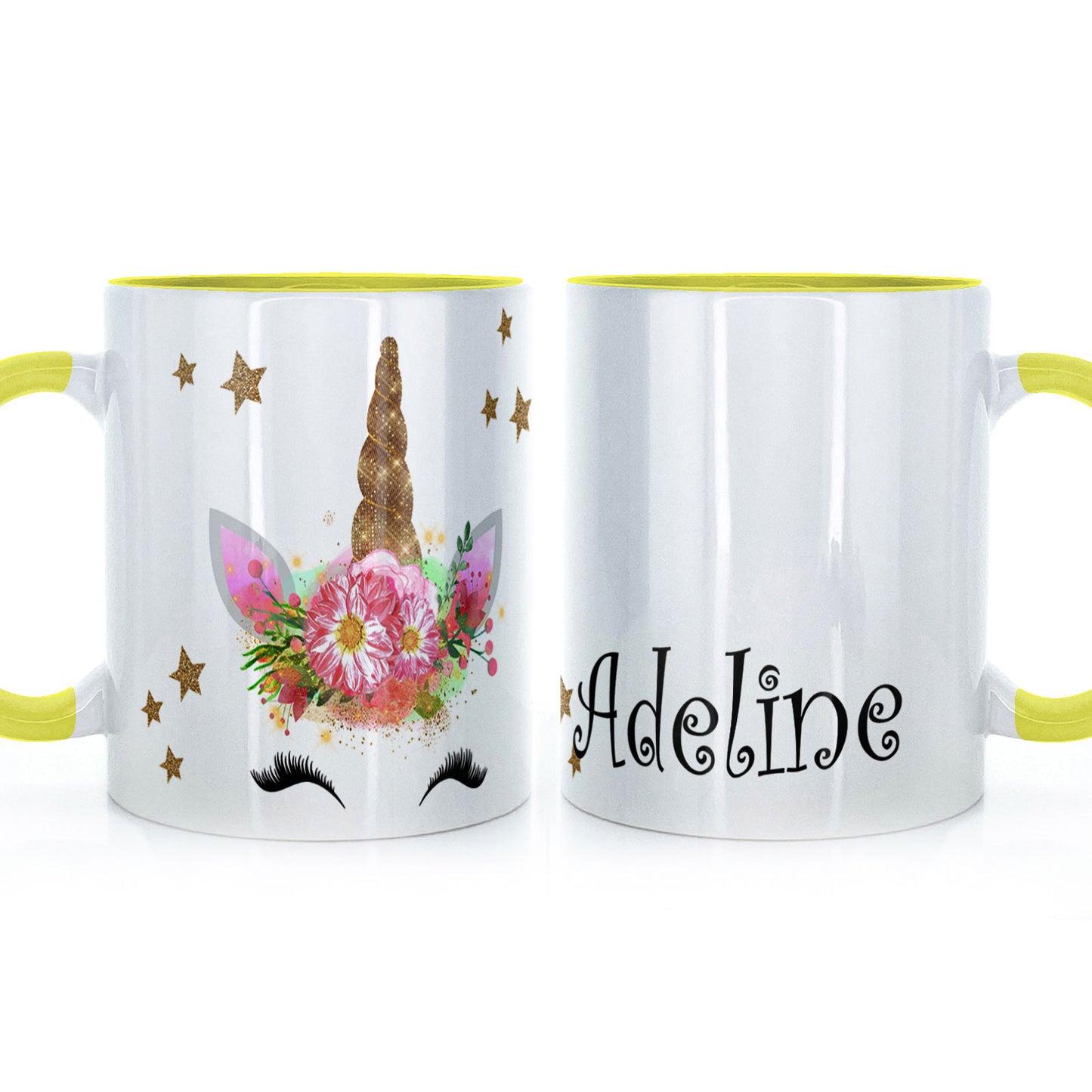 Personalisierte Tasse mit mystischem Text und fröhlichem goldenem Blumeneinhorn