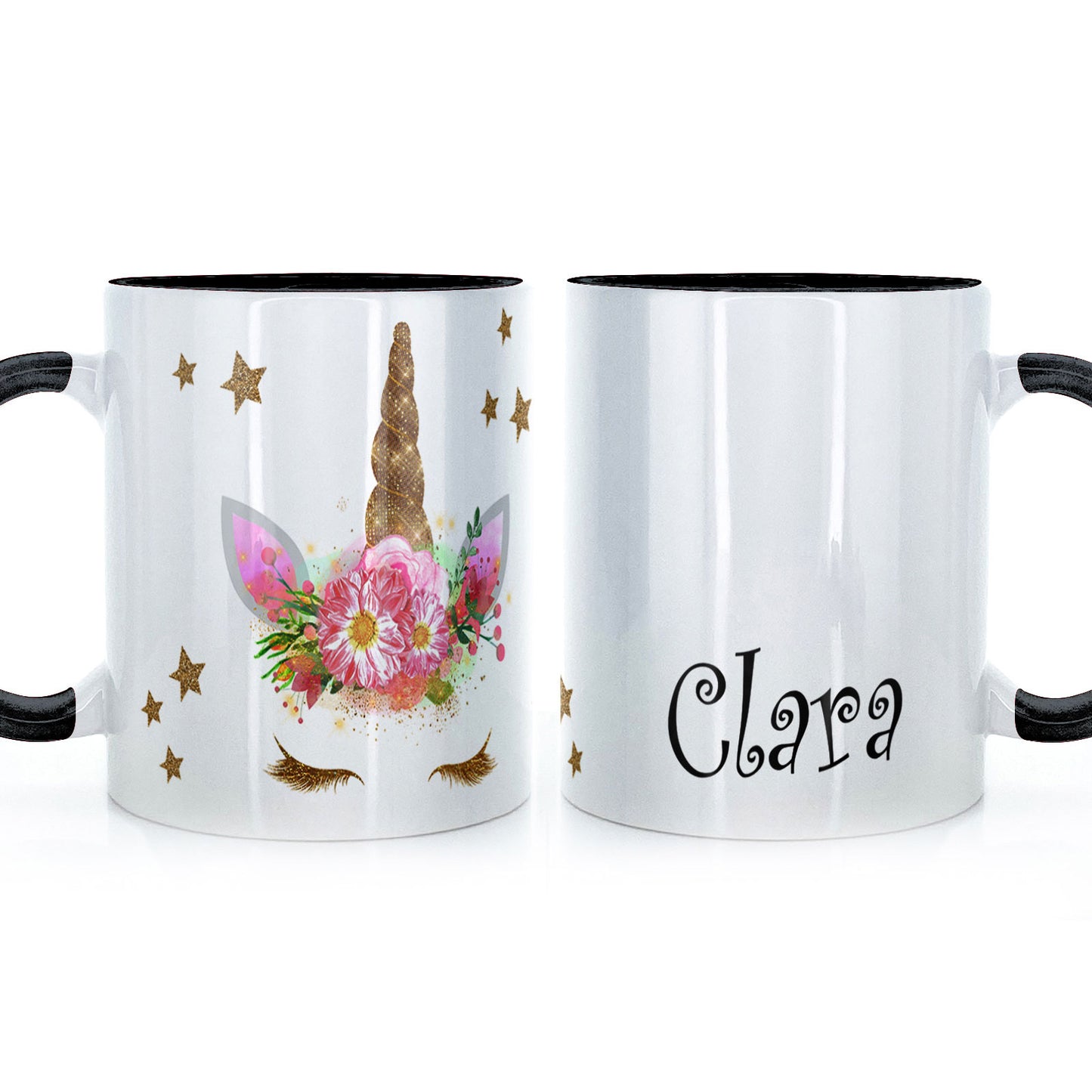 Personalised Mug with Mystical Text and Gold Eyelashes Gold Floral Unicorn