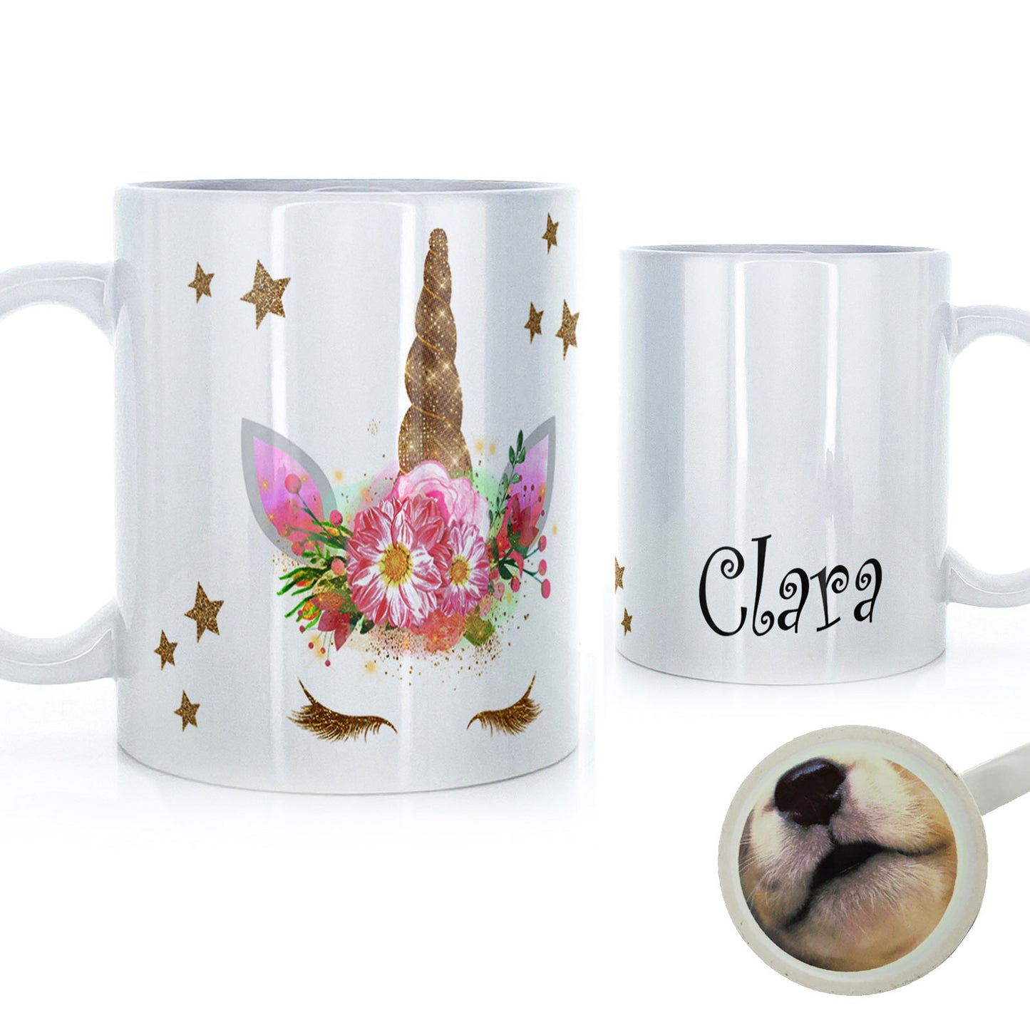 Personalised Mug with Mystical Text and Gold Eyelashes Gold Floral Unicorn