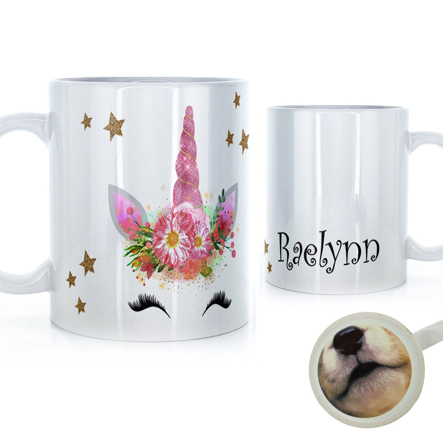Personalisierte Tasse mit mystischem Text und fröhlichem rosa Blumeneinhorn