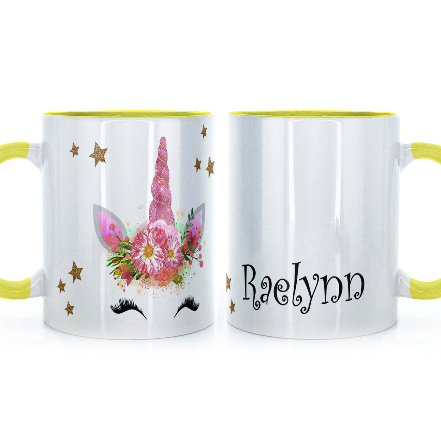 Personalisierte Tasse mit mystischem Text und fröhlichem rosa Blumeneinhorn