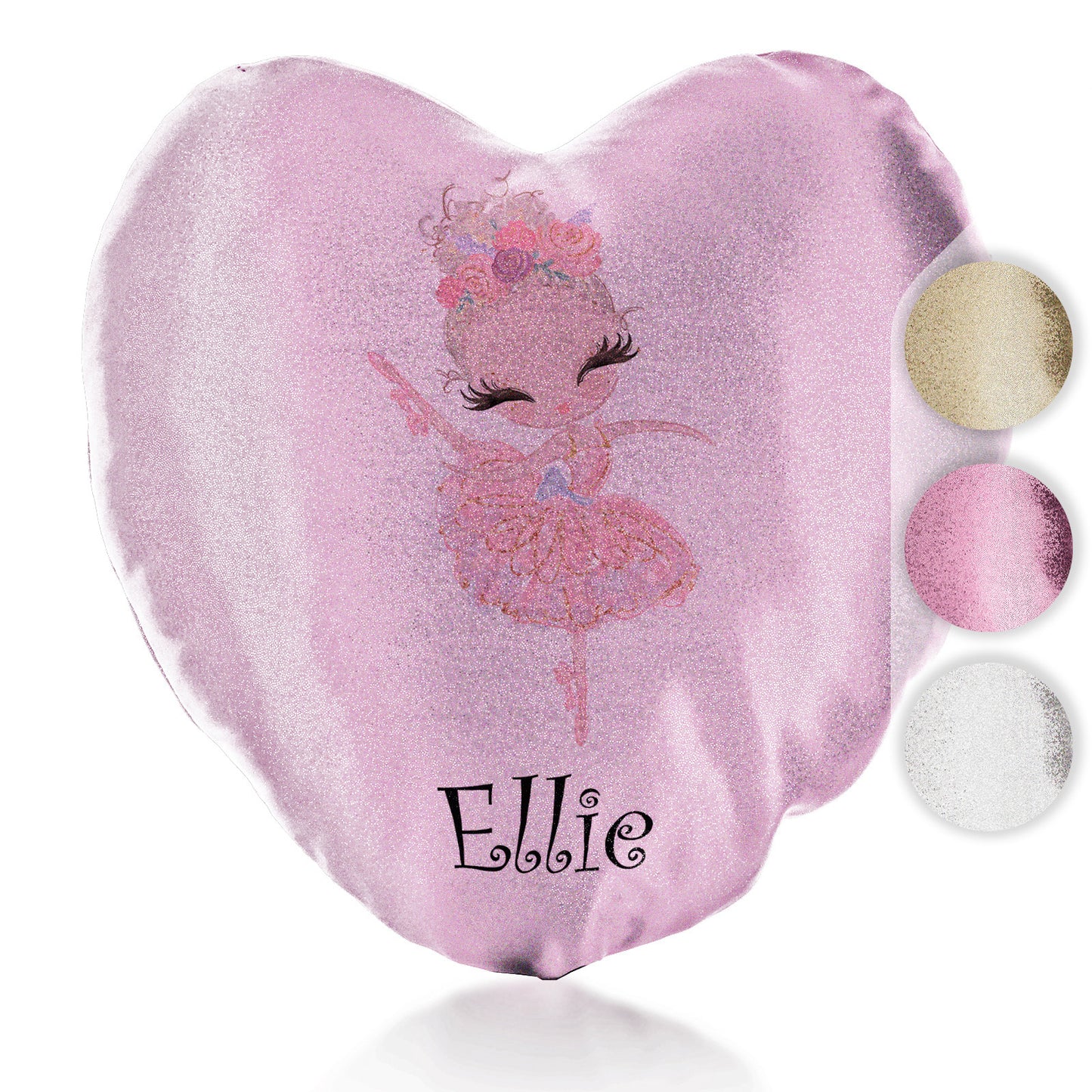Personalised Glitter Heart Cushion with Cute Text and Blonde Hair Pink Dress Ballerina