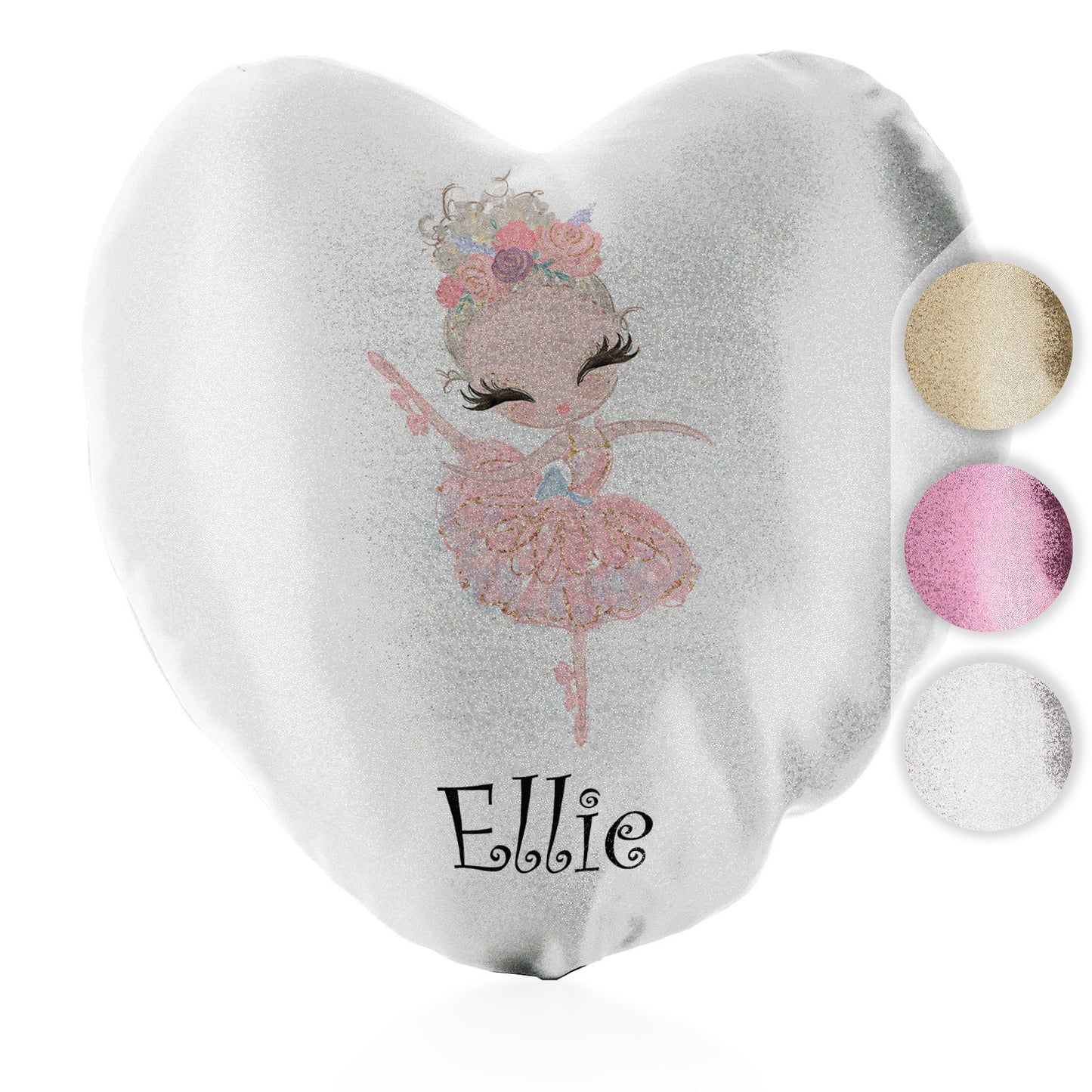 Personalised Glitter Heart Cushion with Cute Text and Blonde Hair Pink Dress Ballerina