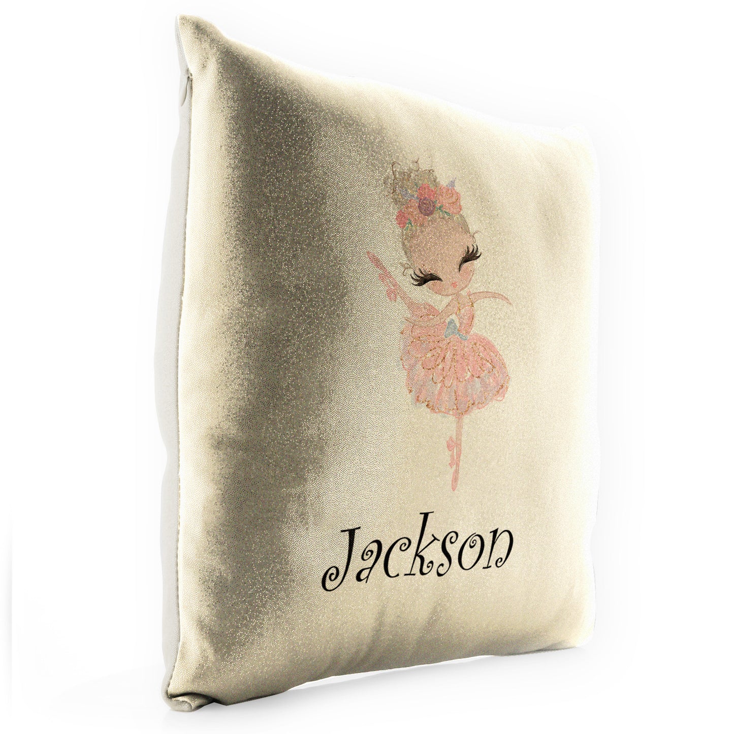 Personalised Glitter Cushion with Cute Text and Blonde Hair Pink Dress Ballerina