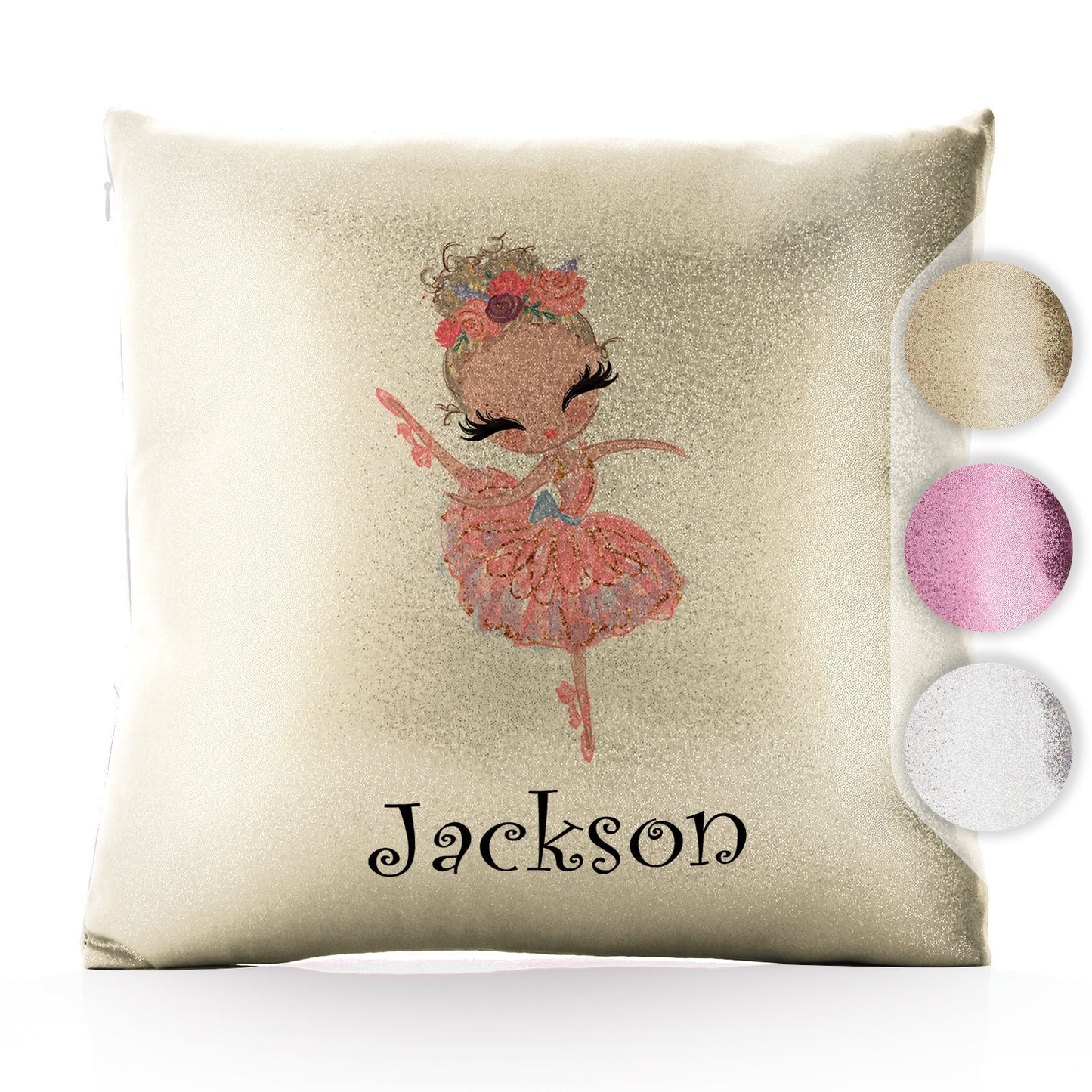 Personalised Glitter Cushion with Cute Text and Blonde Hair Pink Dress Ballerina