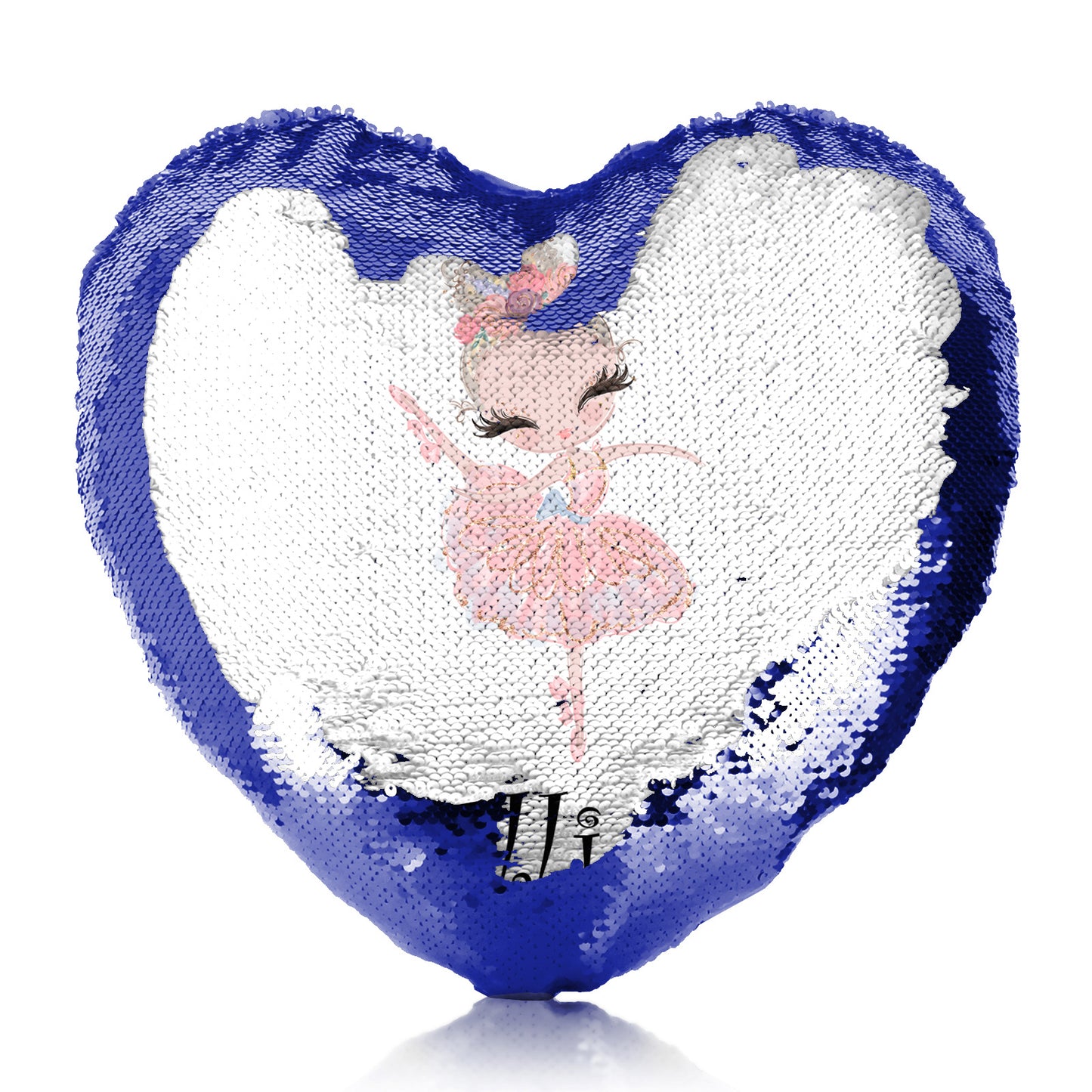 Personalised Sequin Heart Cushion with Cute Text and Blonde Hair Pink Dress Ballerina