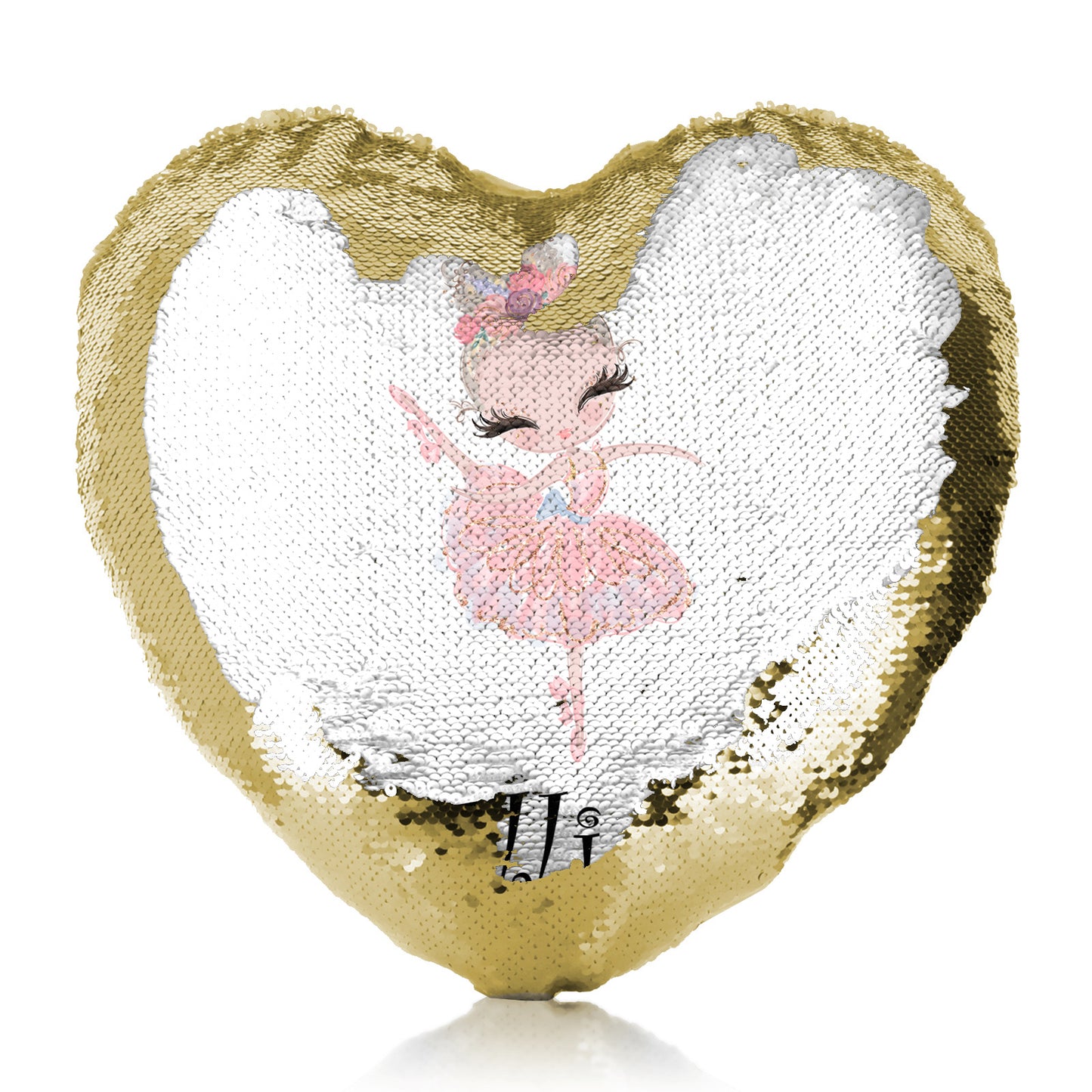Personalised Sequin Heart Cushion with Cute Text and Blonde Hair Pink Dress Ballerina