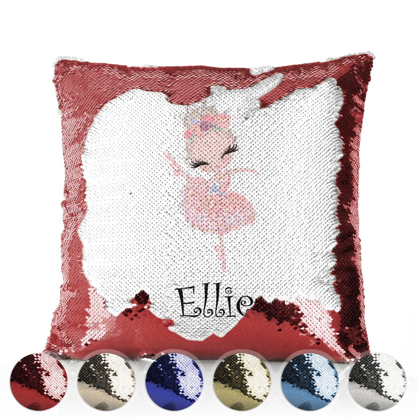 Personalised Sequin Cushion with Cute Text and Blonde Hair Pink Dress Ballerina