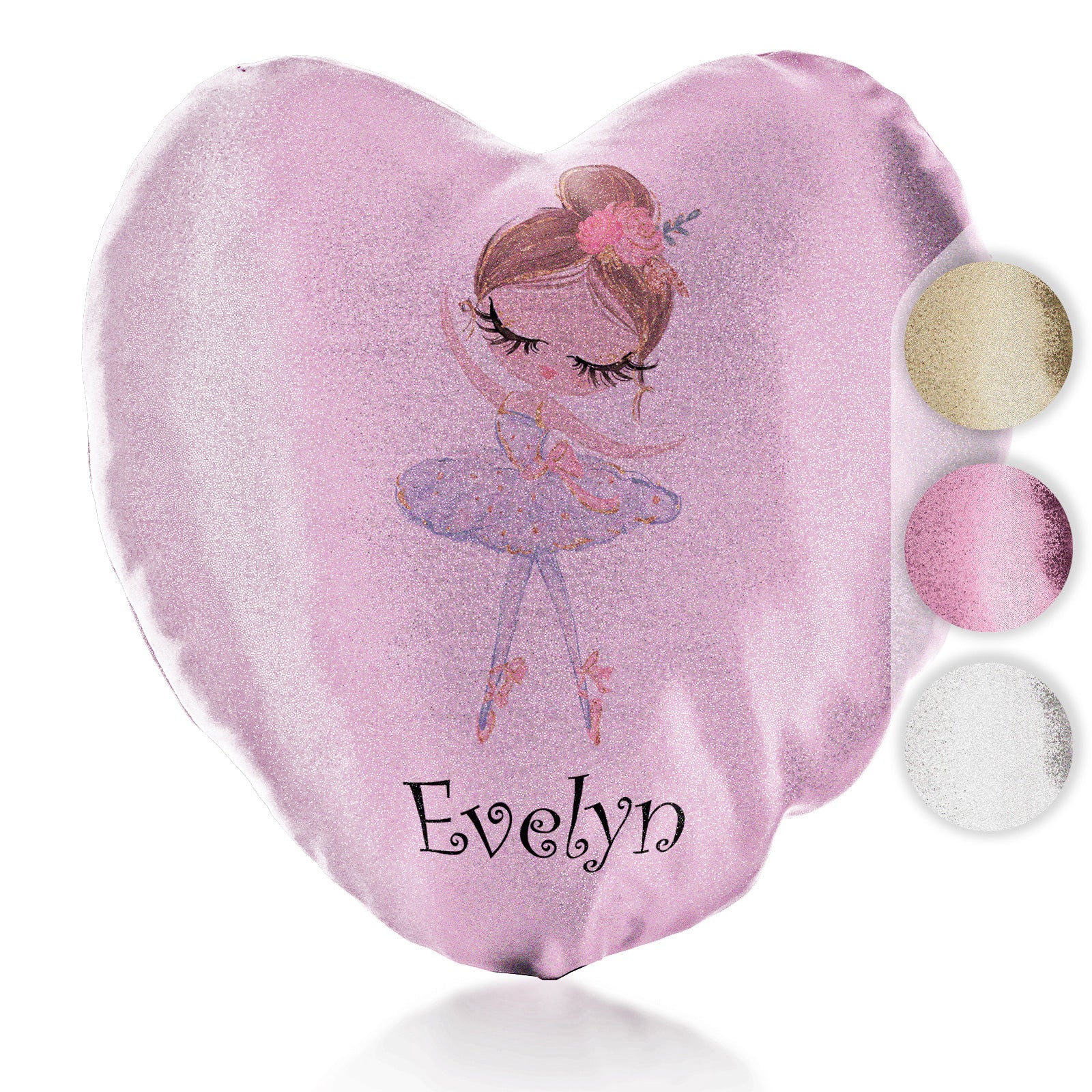 Personalised Glitter Heart Cushion with Cute Text and Light Brown Hair White Dress Ballerina