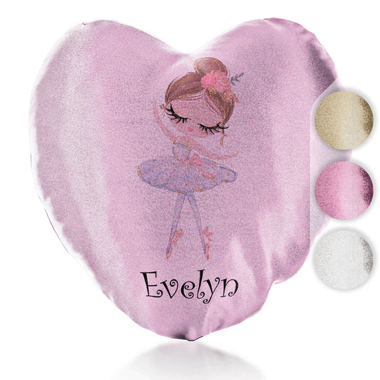 Personalised Glitter Heart Cushion with Cute Text and Light Brown Hair White Dress Ballerina