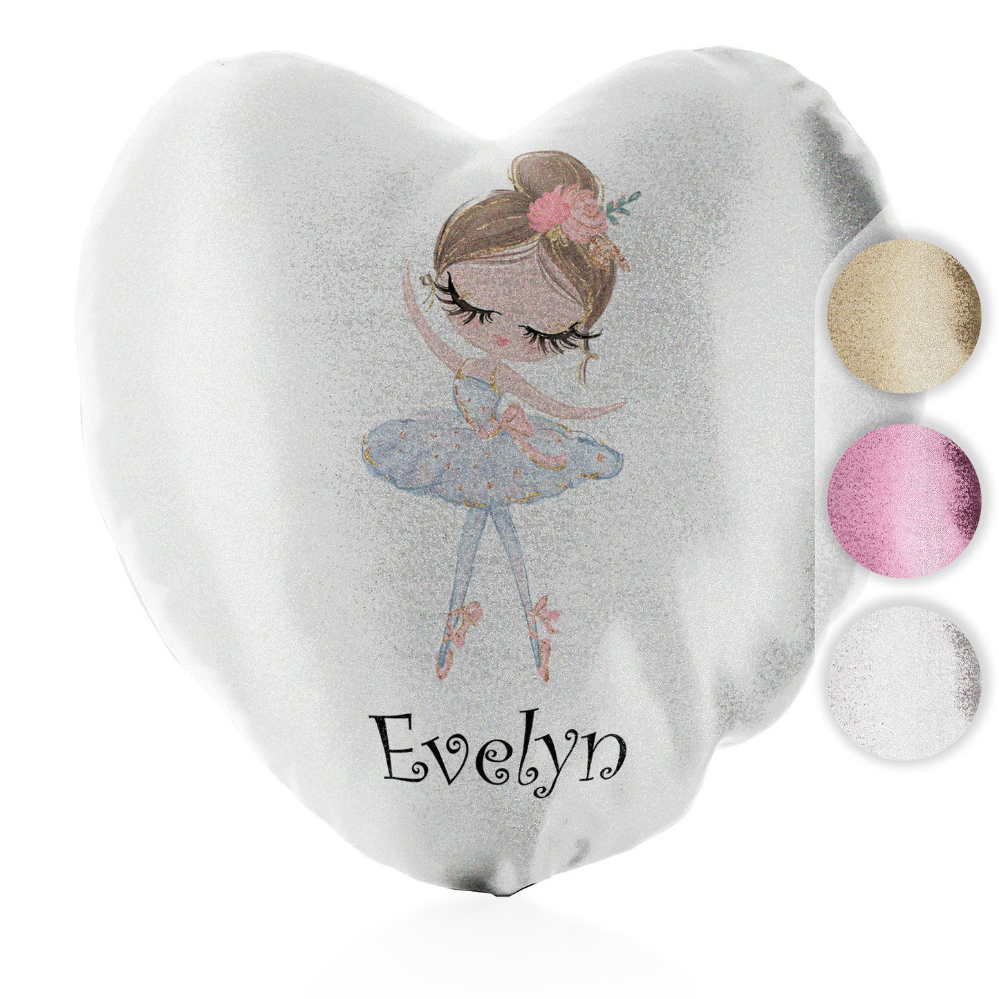 Personalised Glitter Heart Cushion with Cute Text and Light Brown Hair White Dress Ballerina