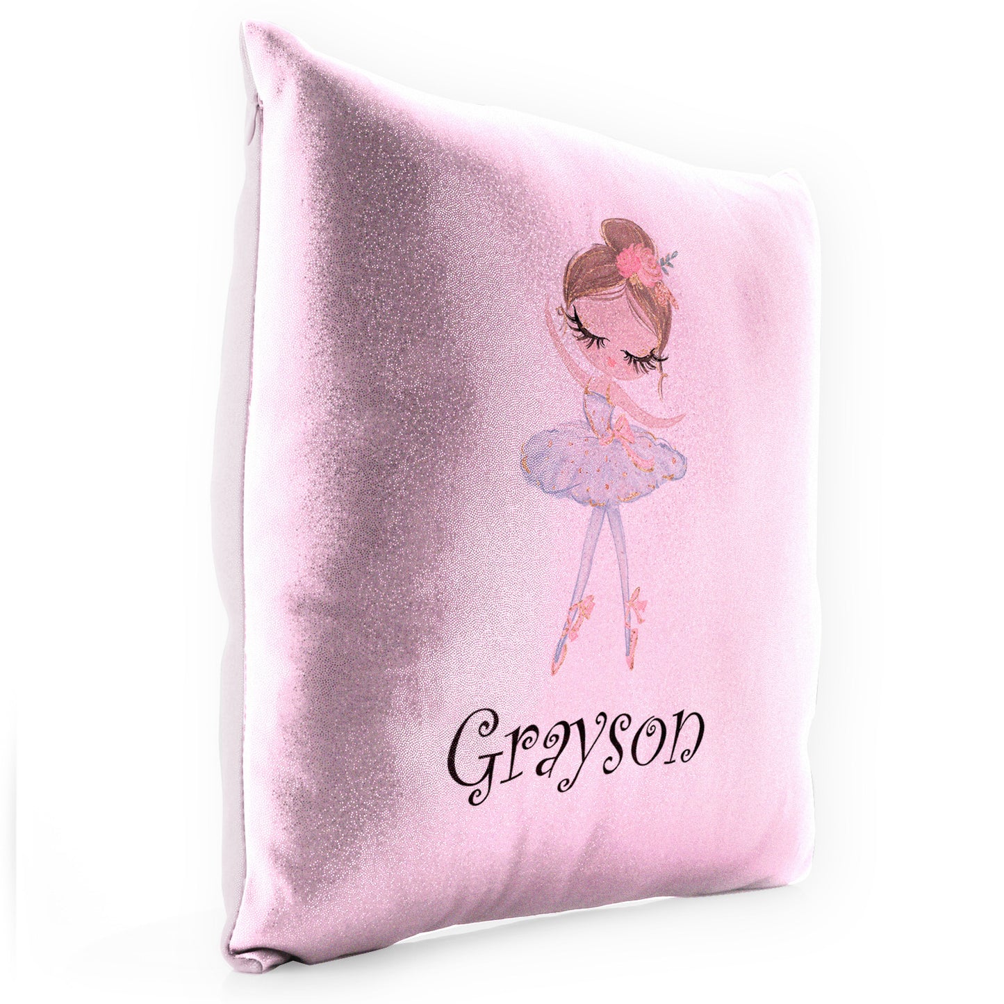 Personalised Glitter Cushion with Cute Text and Light Brown Hair White Dress Ballerina