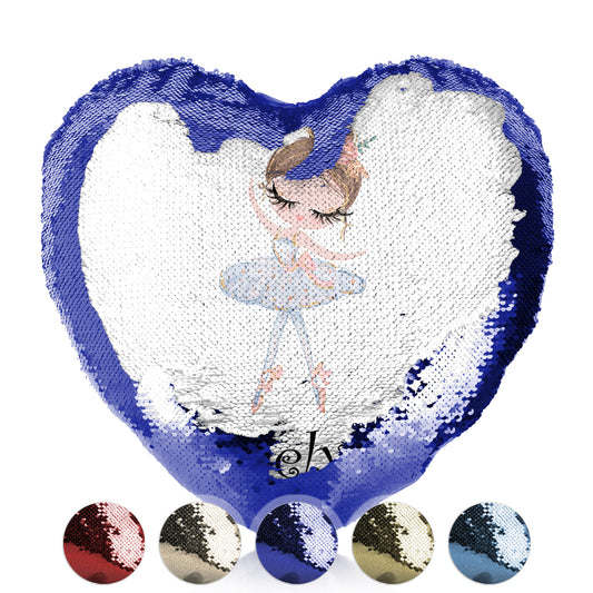 Personalised Sequin Heart Cushion with Cute Text and Light Brown Hair White Dress Ballerina