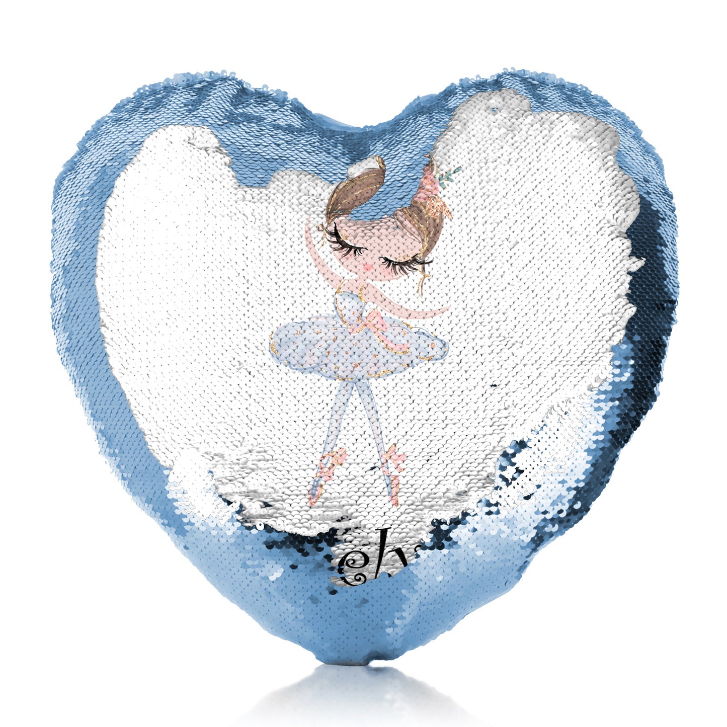 Personalised Sequin Heart Cushion with Cute Text and Light Brown Hair White Dress Ballerina