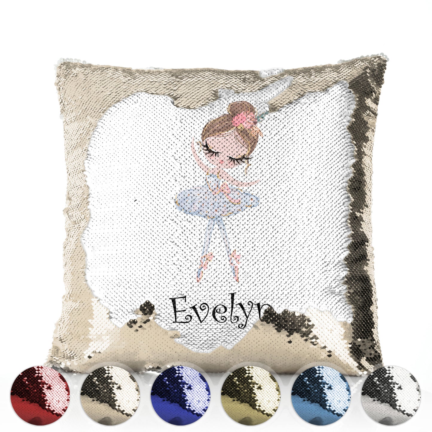 Personalisiertes Paillettenkissen mit süßem Text und hellbraunem Haar, weißem Kleid, Ballerina
