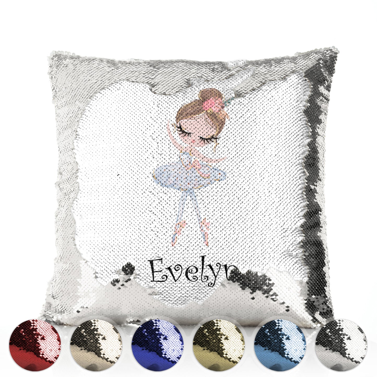 Personalised Sequin Cushion with Cute Text and Light Brown Hair White Dress Ballerina