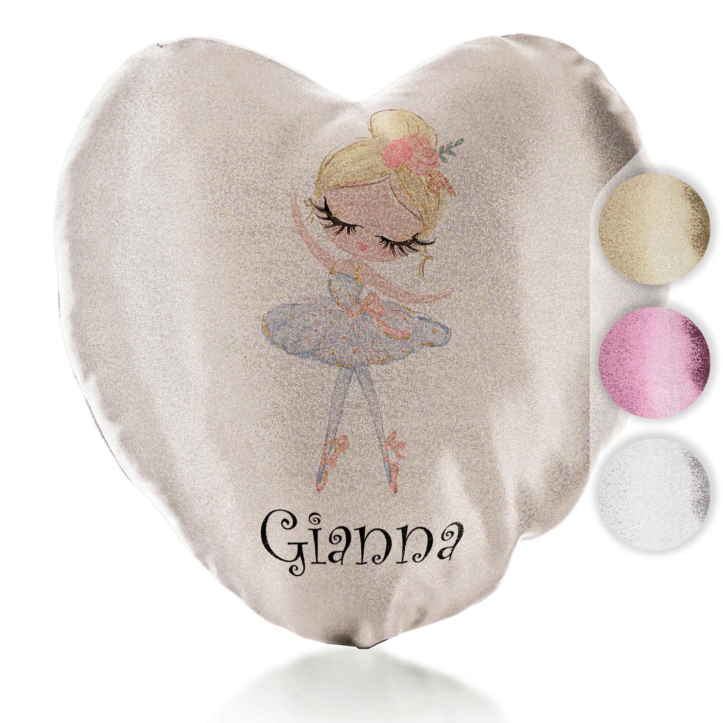Personalised Glitter Heart Cushion with Cute Text and Blonde Hair White Dress Ballerina