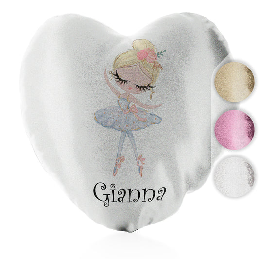 Personalised Glitter Heart Cushion with Cute Text and Blonde Hair White Dress Ballerina