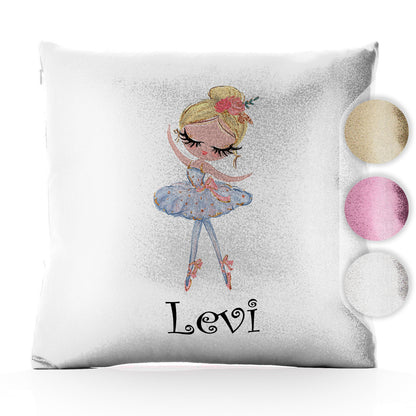 Personalised Glitter Cushion with Cute Text and Blonde Hair White Dress Ballerina