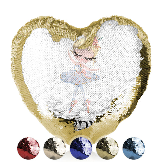 Personalised Sequin Heart Cushion with Cute Text and Blonde Hair White Dress Ballerina