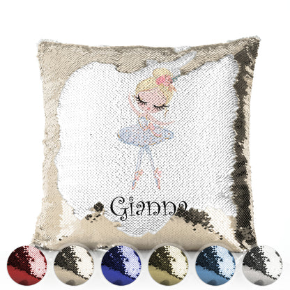 Personalised Sequin Cushion with Cute Text and Blonde Hair White Dress Ballerina